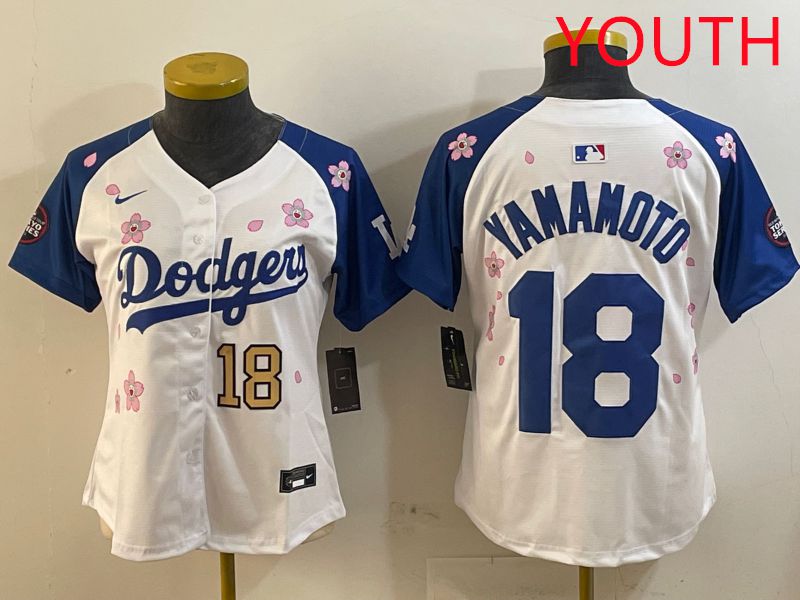 Youth Los Angeles Dodgers #18 Yamamoto White Blue Sakura Edition 2025 Nike MLB Jersey style 6